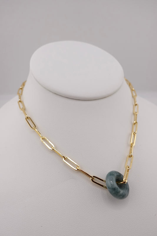 Paper clip jade donut necklace
