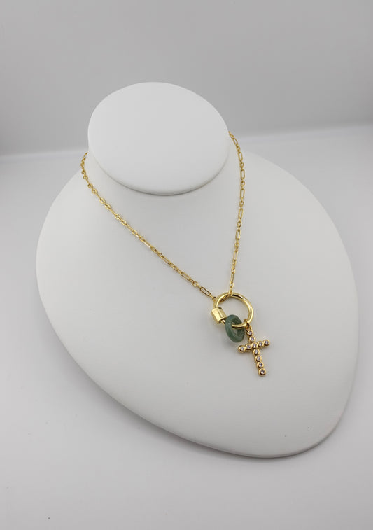 Jade carabiner cross charm necklace