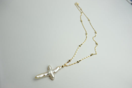 Pearl cross necklace (textured dot chain)