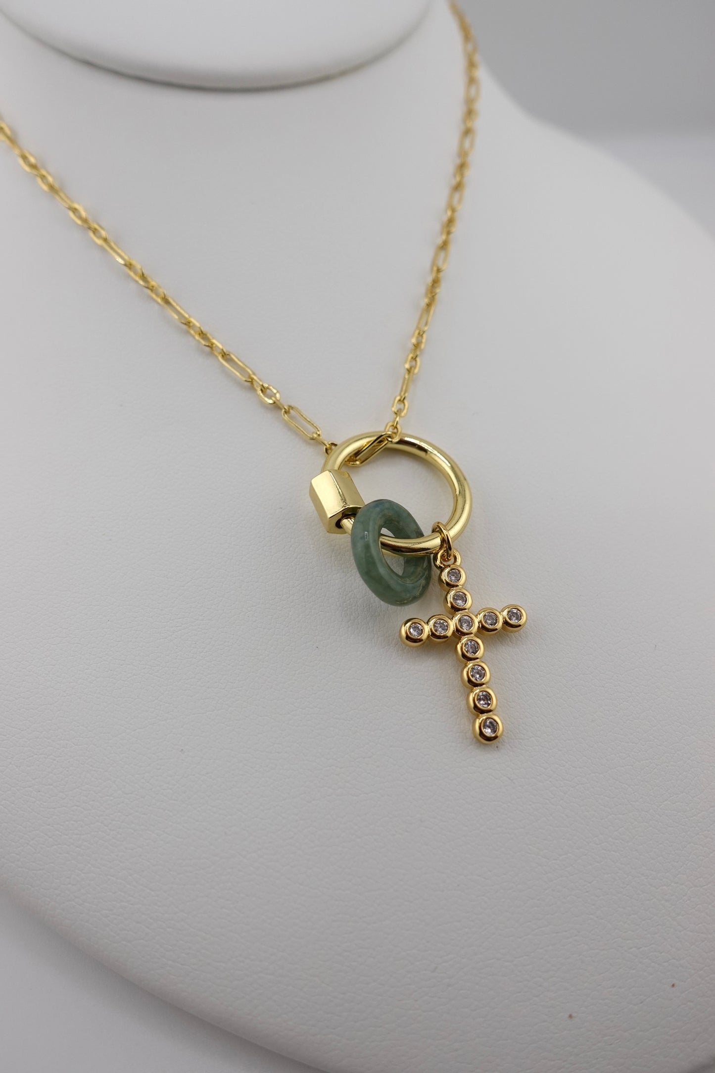 Jade carabiner cross charm necklace