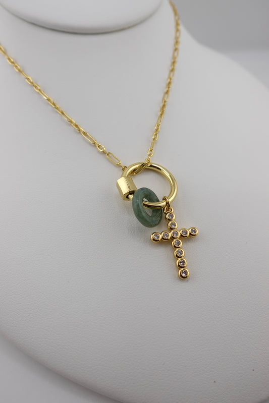 Jade carabiner cross charm necklace