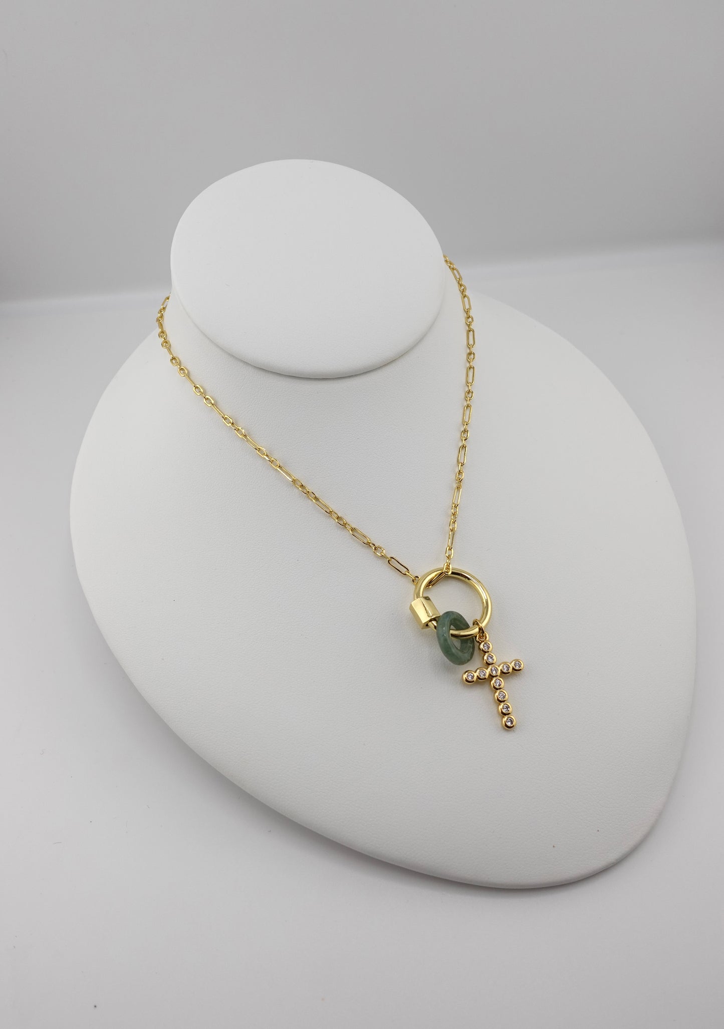 Jade carabiner cross charm necklace