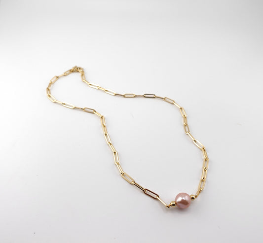 Large paper clip mauve pearl necklace
